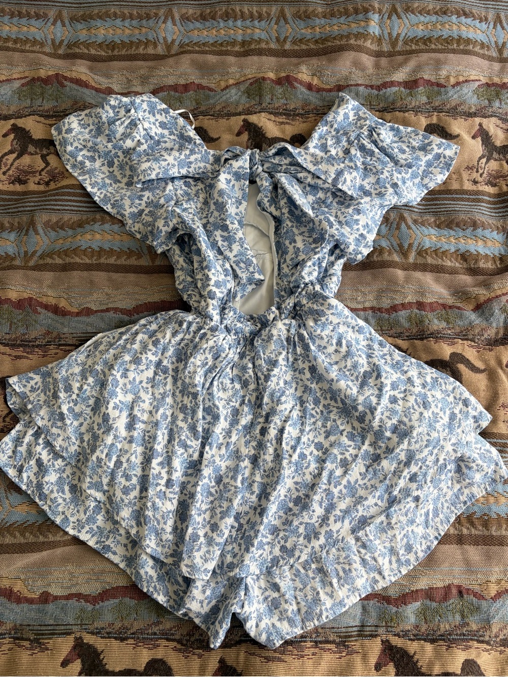 American Eagle Outfitters Blue and White Floral Backless Romper